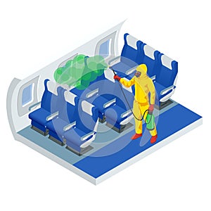 Isometric man in a white suit disinfects aircraft cabin with a spray gun. Virus pandemic COVID-19. Prevention against