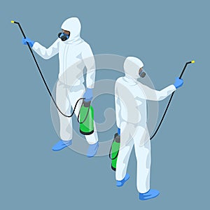 Isometric man in a white suit disinfects the street with a spray gun. Virus pandemic COVID-19. Prevention against