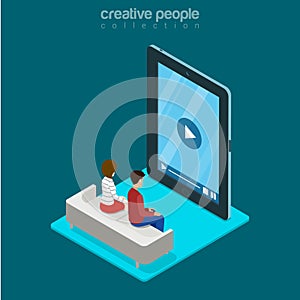 Isometric man woman freeze video phone tablet flat