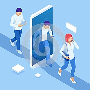 Isometric man and woman pass through the portal phone into the virtual world or social network. Futuristic teleport. photo