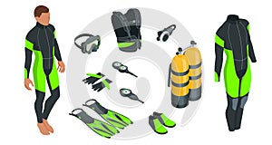 Isometric mans Scuba gear and accessories. Equipment for diving. IDiver wetsuit, scuba mask, snorkel, fins, regulator