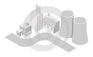 Isometric map of city industrial area with paper white factory and power plant buildings, cooling