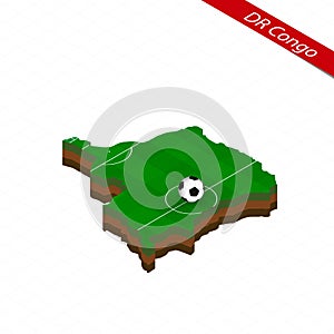 Isometric map of DR Congo with soccer field. Football ball in center of football pitch