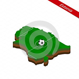 Isometric map of Estonia with soccer field. Football ball in center of football pitch