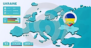 Isometric map of Europe with highlighted country Ukraine vector illustration. European football 2020 tournament final stage