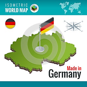 Isometric map and flag of the Germany or Deutschland. Federal Republic of Germany and flag.