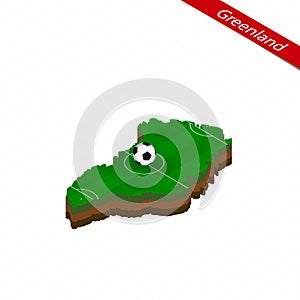 Isometric map of Greenland with soccer field. Football ball in center of football pitch