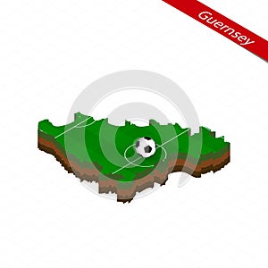 Isometric map of Guernsey with soccer field. Football ball in center of football pitch