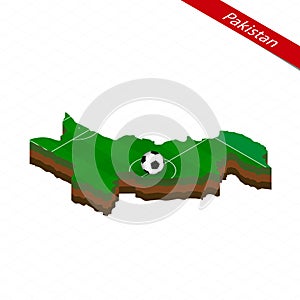 Isometric map of Pakistan with soccer field. Football ball in center of football pitch