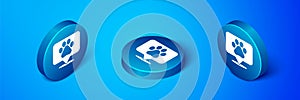 Isometric Map pointer with veterinary medicine hospital, clinic or pet shop for animals icon isolated on blue background
