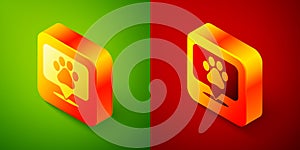 Isometric Map pointer with veterinary medicine hospital, clinic or pet shop for animals icon isolated on green and red