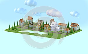 Isometric map of the small night town or suburb with one white house. 3d rendering. Light blue background. Low poly