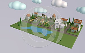 Isometric map of the small night town or suburb with one white house. 3d rendering. Light gray background. Low poly