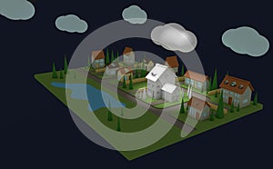 Isometric map of the small night town or suburb with one white house. Dark background. 3d rendering. Low poly. Concept