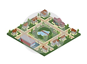 Isometric map of small town or cottage village. Private houses, trees and pond or lake. Vector illustration, isolated on