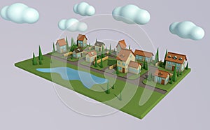 Isometric map of the small town or suburb. 3d rendering. Low poly.