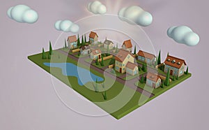 Isometric map of the small town or suburb. 3d rendering. Low poly. Imitation old analog photo