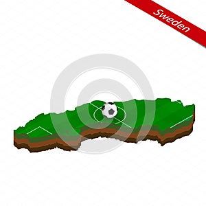 Isometric map of Sweden with soccer field. Football ball in center of football pitch