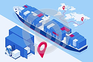 Isometric Maritime transport logistics concept. Ship cargo delivery or boat shipping containers and parcel boxes. Import