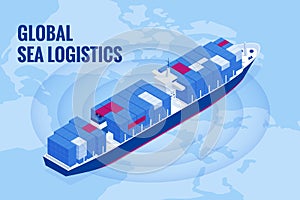 Isometric Maritime transport logistics concept. Ship cargo delivery or boat shipping containers and parcel boxes. Import