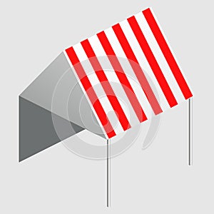 Isometric market stall, tent. Street awning canopy kiosk, counter, white red strings for fair, street food, market