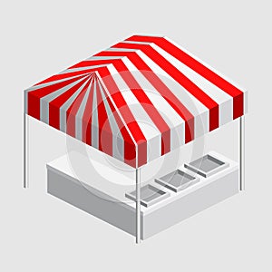 Isometric market stall, tent. Street awning canopy kiosk, counter, white red strings for fair, street food, market