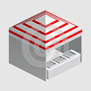 Isometric market stall, tent. Street awning canopy kiosk, counter, white red strings for fair, street food, market