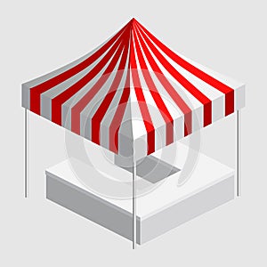 Isometric market stall, tent. Street awning canopy kiosk, counter, white red strings for fair, street food, market