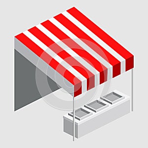 Isometric market stall, tent. Street awning canopy kiosk, counter, white red strings for fair, street food, market