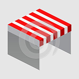 Isometric market stall, tent. Street awning canopy kiosk, counter, white red strings for fair, street food, market