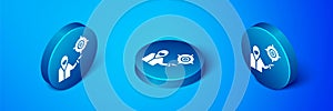 Isometric Marketing target strategy concept icon isolated on blue background. Aim with people sign. Blue circle button