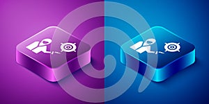 Isometric Marketing target strategy concept icon isolated on blue and purple background. Aim with people sign. Square button.