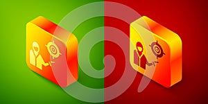 Isometric Marketing target strategy concept icon isolated on green and red background. Aim with people sign. Square