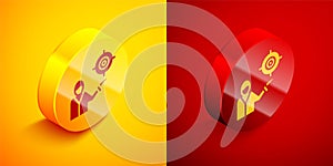 Isometric Marketing target strategy concept icon isolated on orange and red background. Aim with people sign. Circle