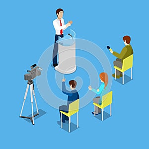 Isometric Mass Media Concept with Reporters and Conference Room