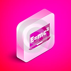 Isometric Math system of equation solution on laptop icon isolated on pink background. E equals mc squared equation on