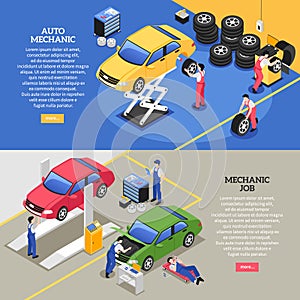 Isometric mechanic horizontal banner template set