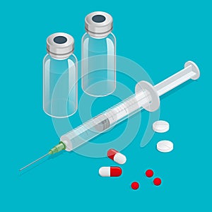 Isometric Medical ampules and syringe