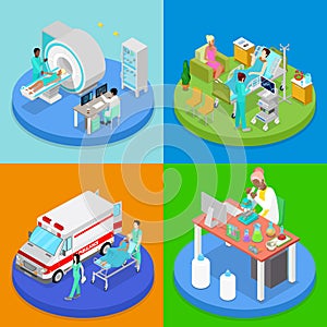 Isometric Medical Clinic. Health Care Concept. Hospital Room, Ambulance Emergency Service, MRI