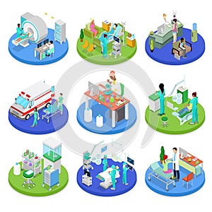 Isometric Medical Clinic. Health Care Concept. Hospital Room, Dentist, MRI