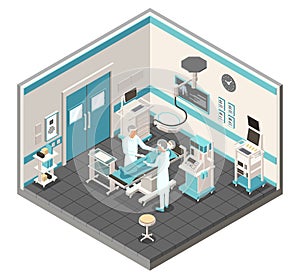 Isometric medical concept. Interior of modern Surgery Department.