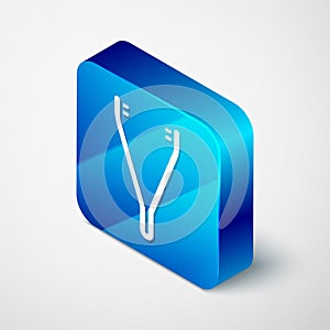 Isometric Medical tweezers icon isolated on grey background. Medicine and health. Anatomical tweezers. Blue square