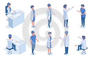 Isometric medical workers, doctor, nurse, dentist and anaesthesiologist. Hospital medical staff, medic characters vector photo