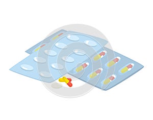 Isometric medication blister packs with pills and capsules. Health care, prescription drugs and pharmaceuticals vector