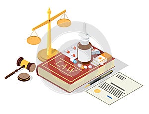 Isometric medicine drugs on the Law book, scales of justice, judge gavel, flat vector illustration. Pharmaceutical law.