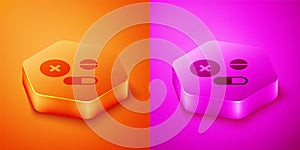 Isometric Medicine pill or tablet icon isolated on orange and pink background. Capsule pill and drug sign. Pharmacy