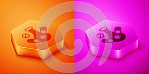 Isometric Medicine pill or tablet icon isolated on orange and pink background. Capsule pill and drug sign. Pharmacy