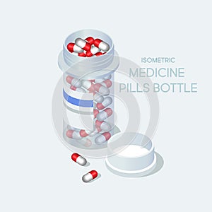 Isometric medicine pills bottle. Flat vector illustration.
