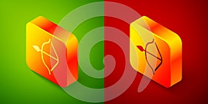 Isometric Medieval bow and arrow icon isolated on green and red background. Medieval weapon. Square button. Vector