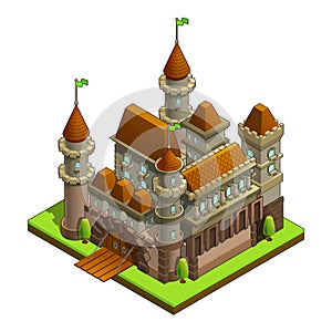 Isometric medieval castle isolated on white background.